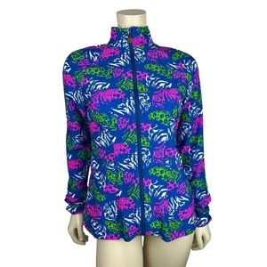 Tzu Tzu Sport Sasha Feather Party Print Jacket Size M Full Zip Pockets Ruched